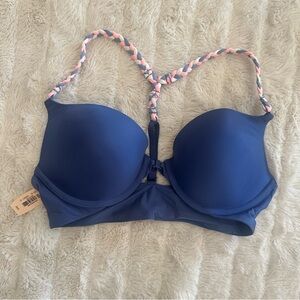 Victoria Secret Blue 32C Push Up Bra Braided Racerback Strap Front Clasp